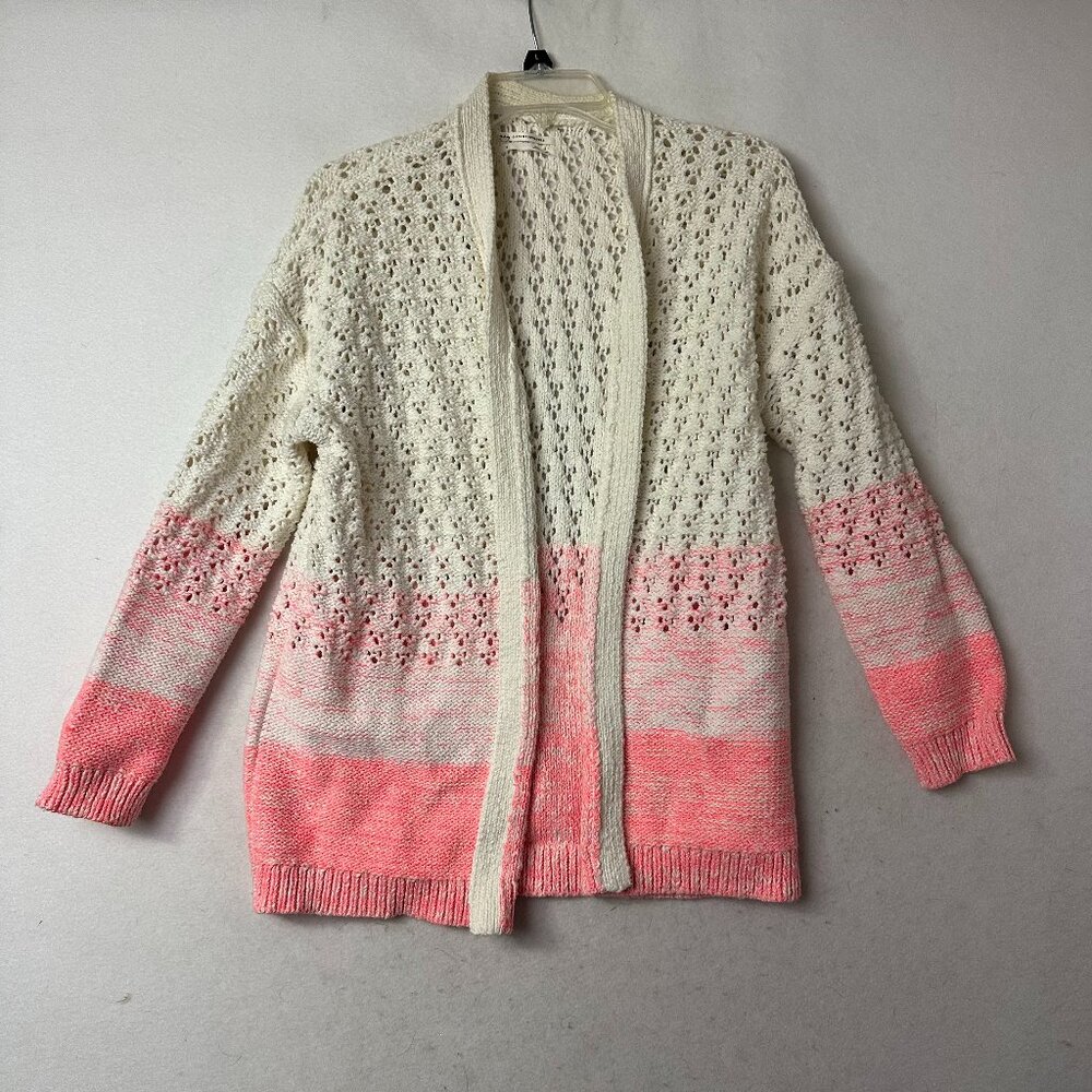 A by Anthropologie Pink White Colorblock Pointelle Knit Cardigan Sweater Small